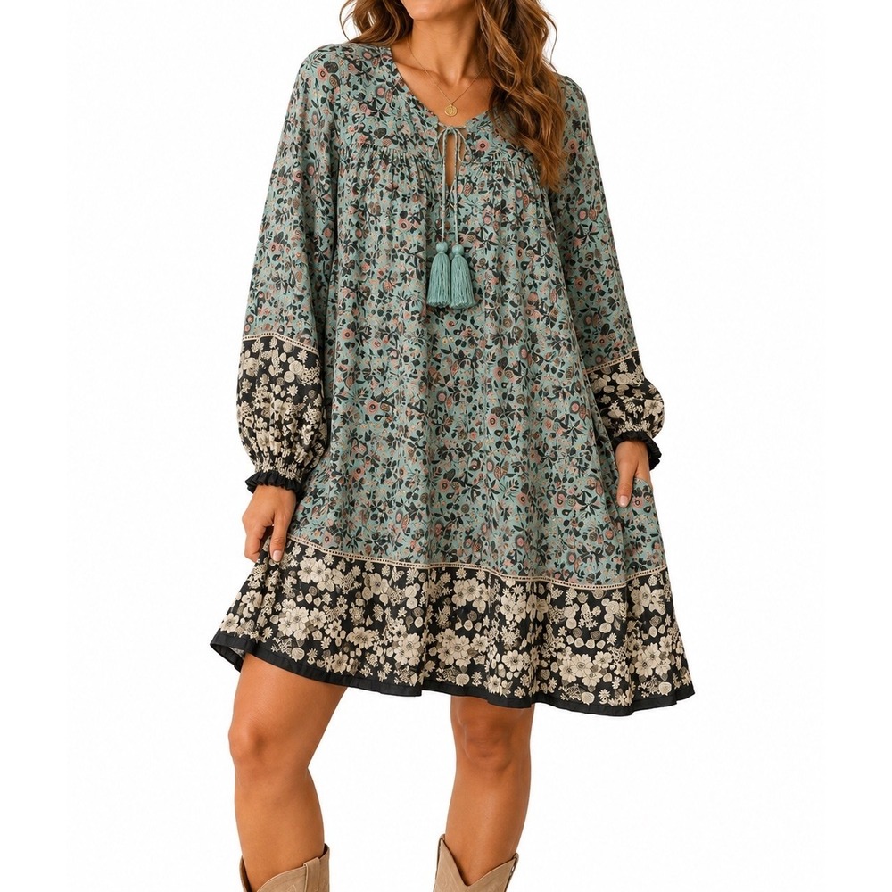 Natural Life Boho Floral Dress  XL Tassel Balloon Sleeve Border Print Rayon